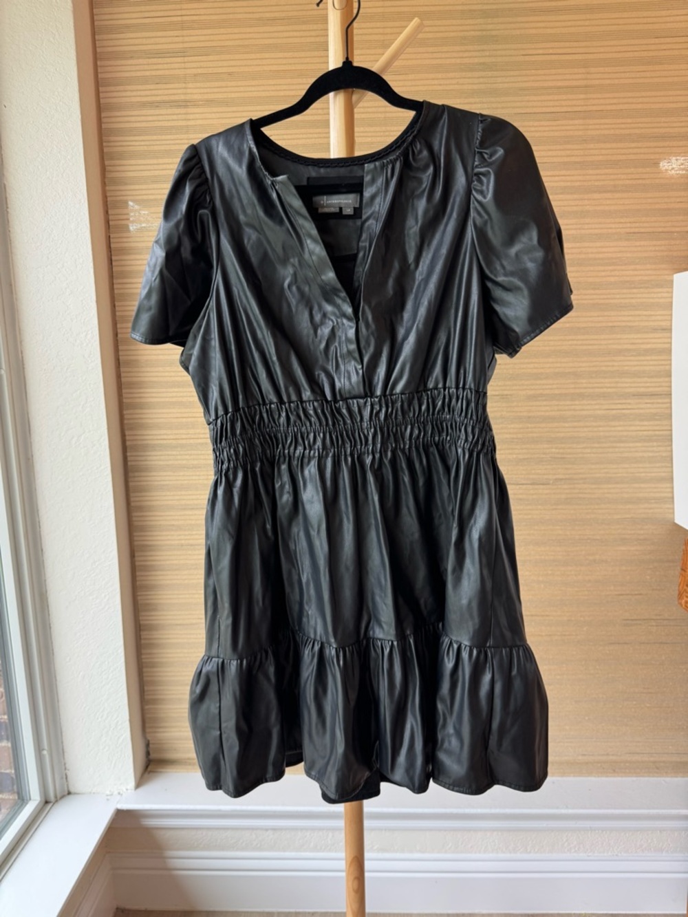 Anthropologie Somerset Vegan Leather Mini Dress Black Smocked Tiered Sz  LP EUC - Picture 5 of 16